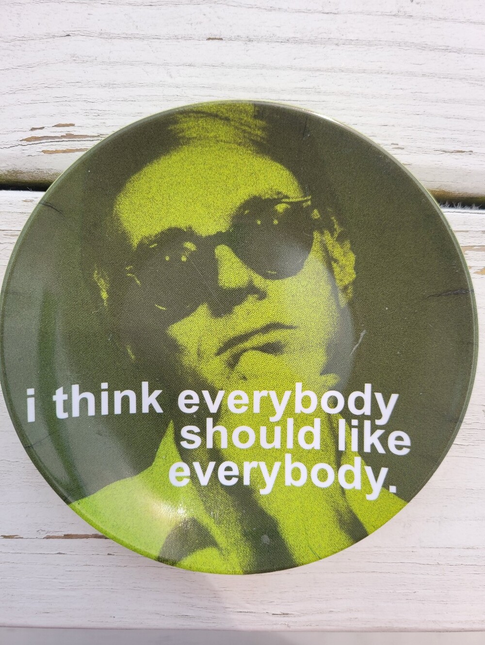 Andy Warhol Green Graphic Quote Plate "i think everybody should like everybody."